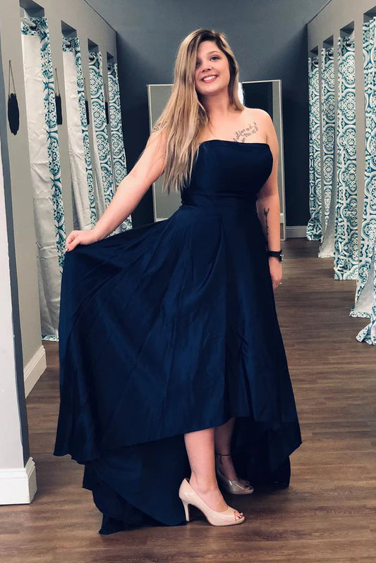 Strapless High Low Dark Navy Long Prom Dress/Formal Women's Dresses