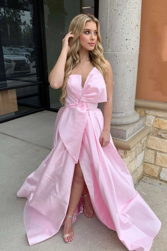 Strapless Light Pink Satin Prom Dress A-line Long with Bow