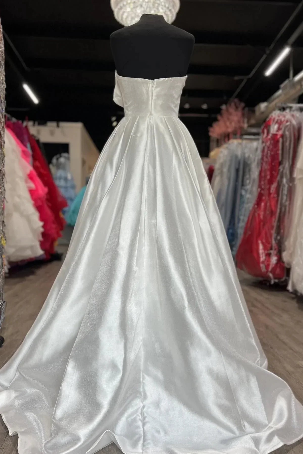 Strapless Light Pink Satin Prom Dress A-line Long with Bow