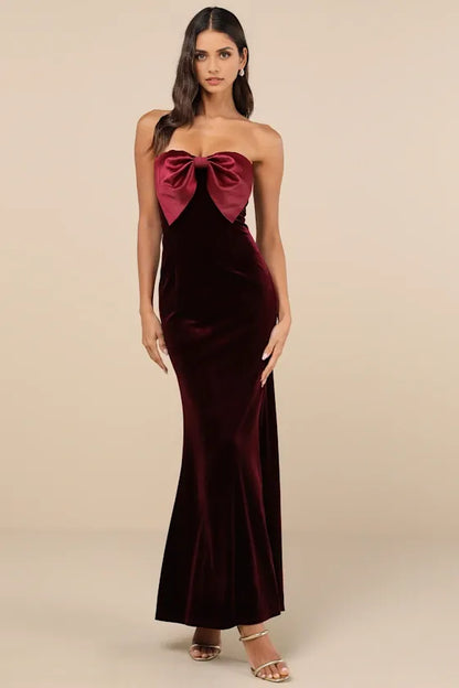 Quyihu Prom Dress In Store Dramatic Burgundy Velvet Bow Strapless Maxi Dress Formal Women's Dresses