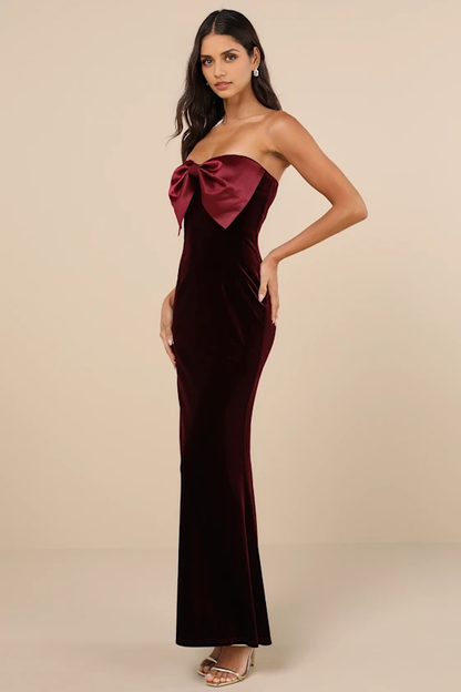Quyihu Prom Dress In Store Dramatic Burgundy Velvet Bow Strapless Maxi Dress Formal Women's Dresses