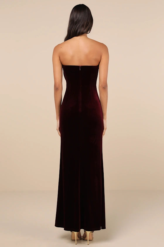 Quyihu Prom Dress In Store Dramatic Burgundy Velvet Bow Strapless Maxi Dress Formal Women's Dresses