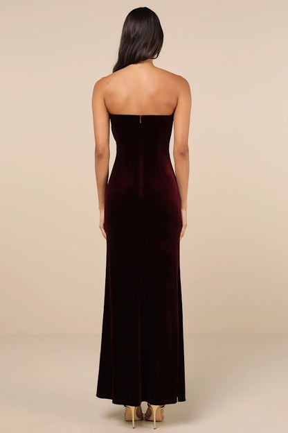 Quyihu Prom Dress In Store Dramatic Burgundy Velvet Bow Strapless Maxi Dress Formal Women's Dresses