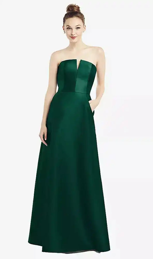 Strapless Notch Satin Gown with Pockets in Hunter Green