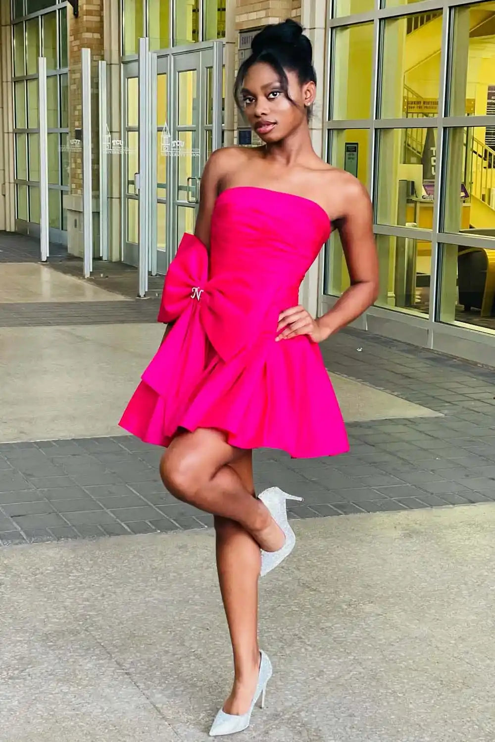 Strapless Pink Bow Detail Homecoming Gown