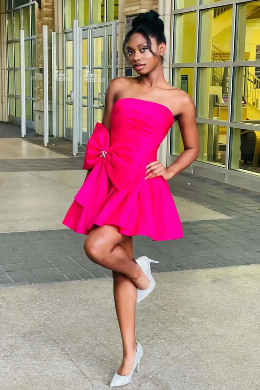 Strapless Pink Bow Detail Homecoming Gown
