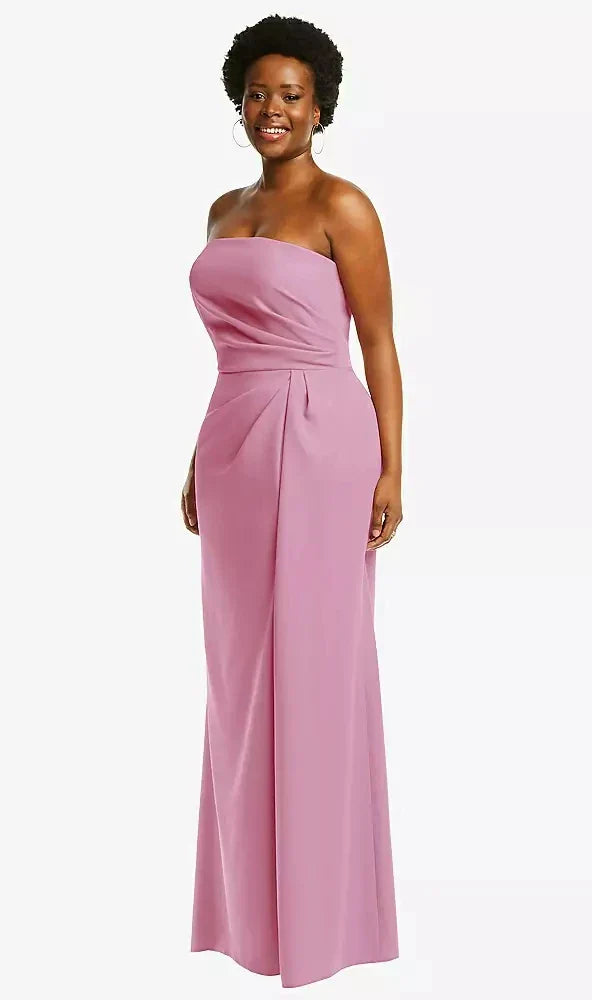 Strapless Pleated Faux Wrap Trumpet Gown with Front Slit in Powder Pink