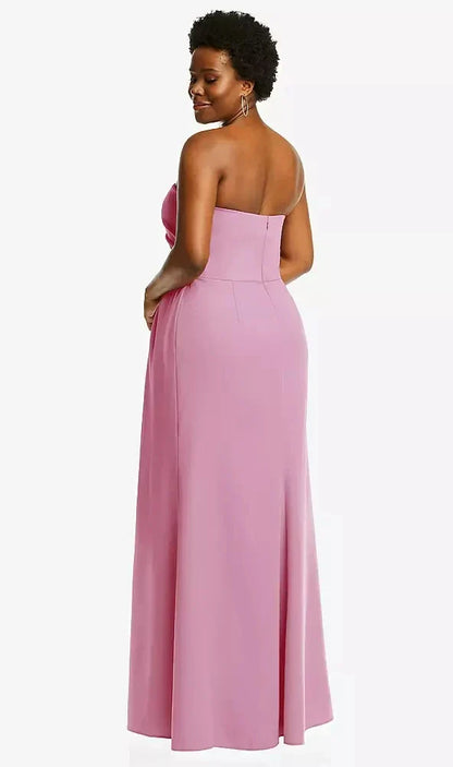 Strapless Pleated Faux Wrap Trumpet Gown with Front Slit in Powder Pink