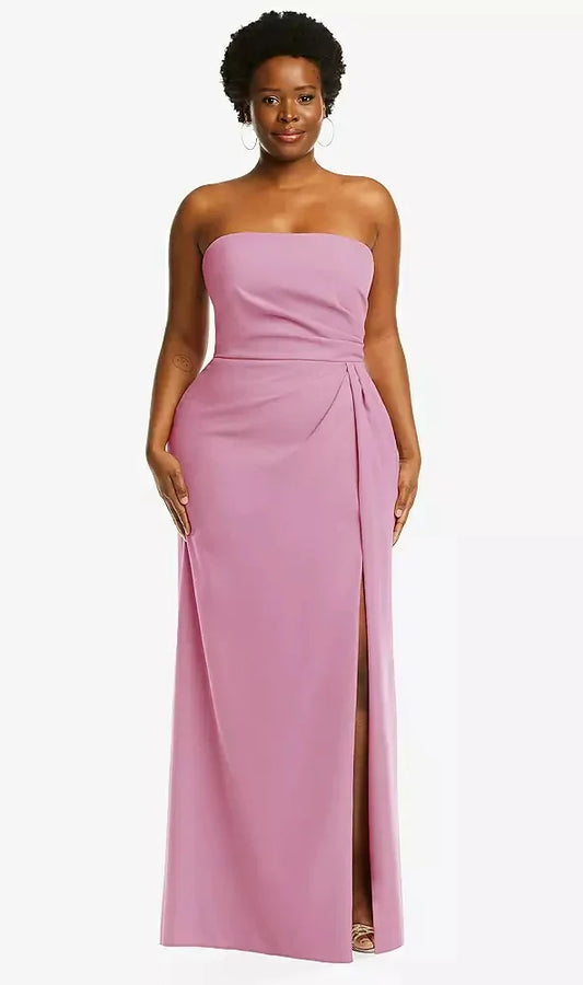 Strapless Pleated Faux Wrap Trumpet Gown with Front Slit in Powder Pink