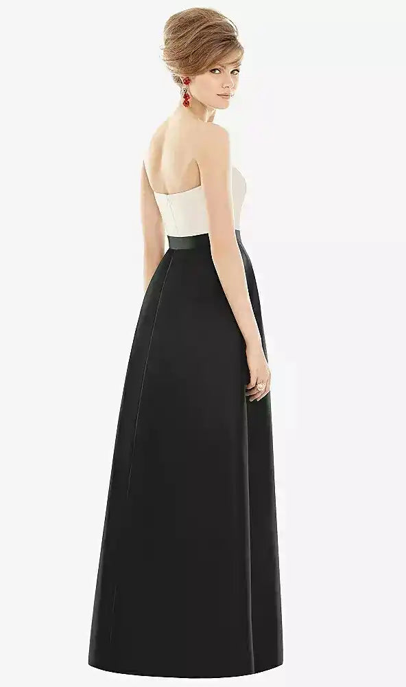 Strapless Pleated Skirt Maxi Dress with Pockets in Black & Ivory