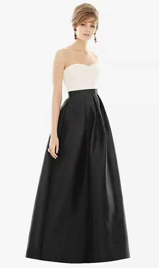 Strapless Pleated Skirt Maxi Dress with Pockets in Black & Ivory