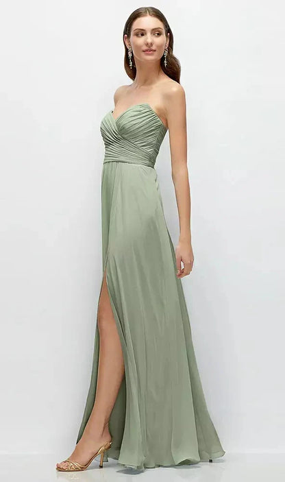 Strapless Pleated Surplice Chiffon Maxi Dress with A-Line Skirt in Sage