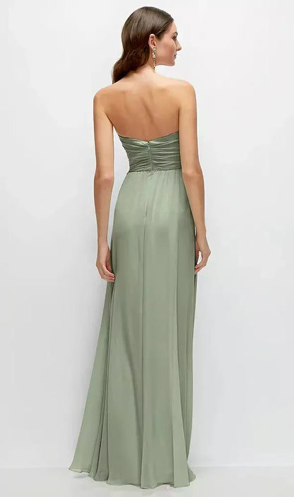 Strapless Pleated Surplice Chiffon Maxi Dress with A-Line Skirt in Sage