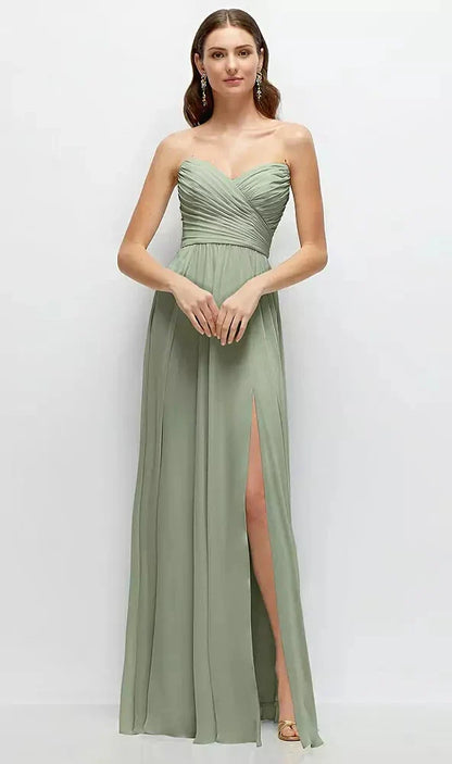 Strapless Pleated Surplice Chiffon Maxi Dress with A-Line Skirt in Sage