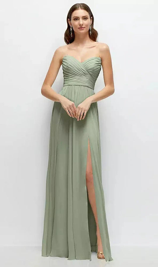 Strapless Pleated Surplice Chiffon Maxi Dress with A-Line Skirt in Sage