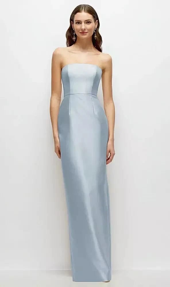 Strapless Satin Column Dress with Back Slit in Mist
