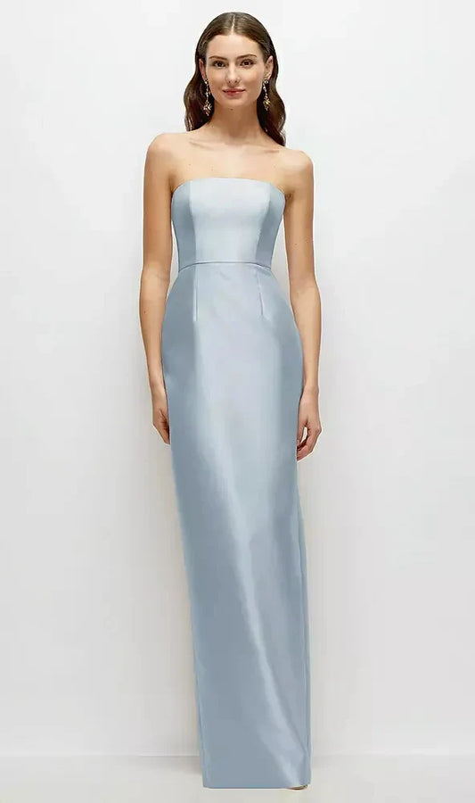 Strapless Satin Column Dress with Back Slit in Mist