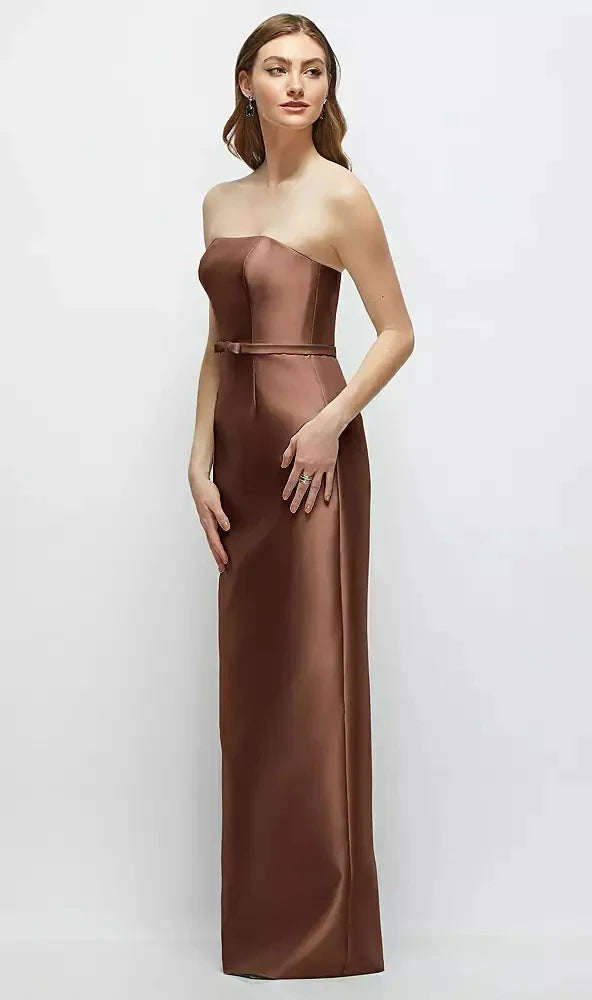 Strapless Satin Column Dress with Bow-Trimmed Skinny Belt in Cognac