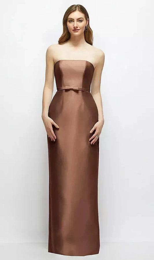 Strapless Satin Column Dress with Bow-Trimmed Skinny Belt in Cognac