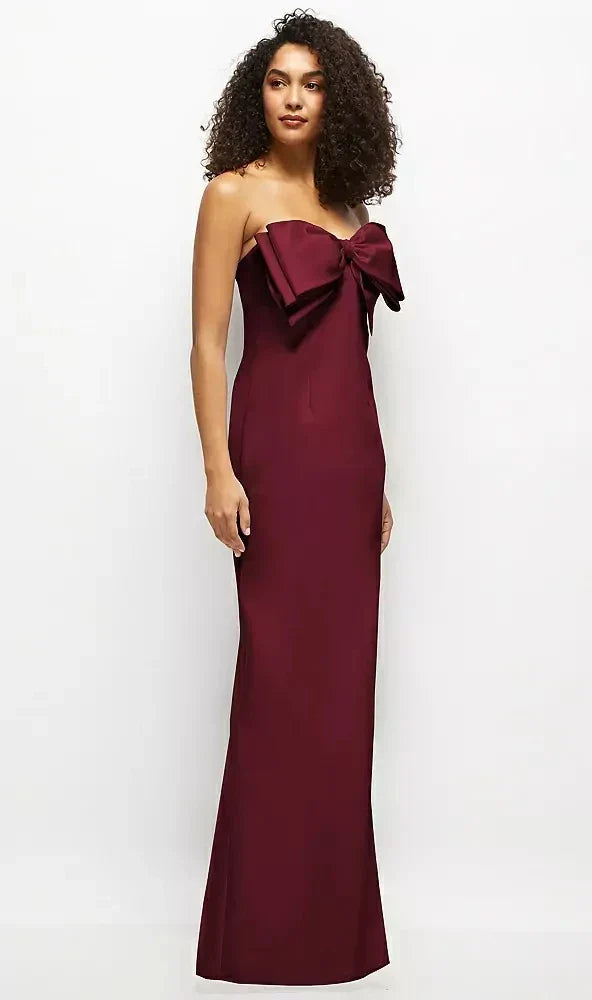 Strapless Satin Column Maxi Dress with Oversized Handcrafted Bow in Cabernet