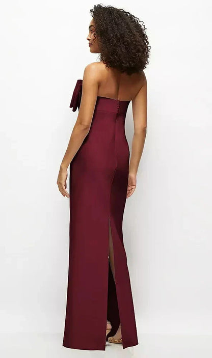 Strapless Satin Column Maxi Dress with Oversized Handcrafted Bow in Cabernet