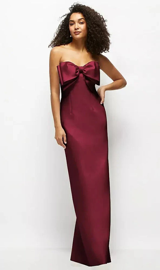 Strapless Satin Column Maxi Dress with Oversized Handcrafted Bow in Cabernet