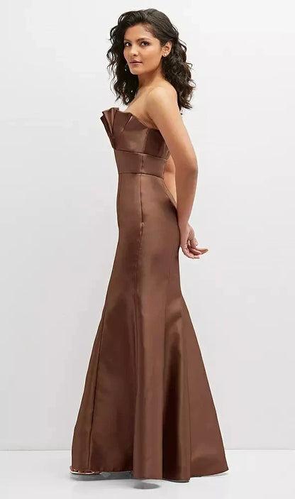 Strapless Satin Fit and Flare Dress with Crumb-Catcher Bodice in Cognac