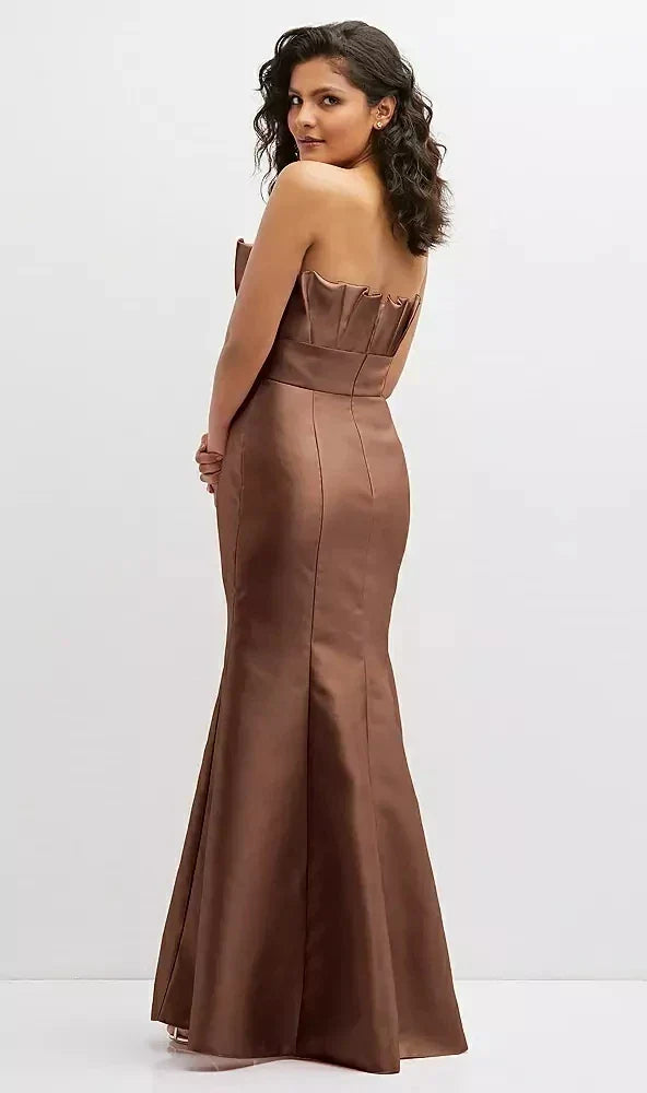 Strapless Satin Fit and Flare Dress with Crumb-Catcher Bodice in Cognac