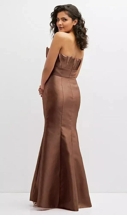 Strapless Satin Fit and Flare Dress with Crumb-Catcher Bodice in Cognac