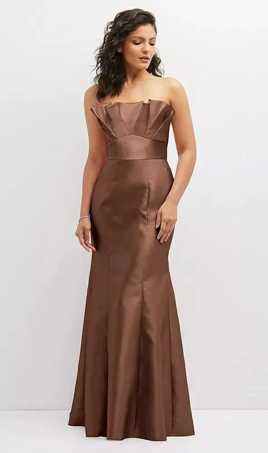 Strapless Satin Fit and Flare Dress with Crumb-Catcher Bodice in Cognac