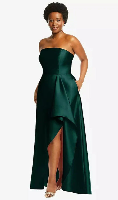 Strapless Satin Gown with Draped Front Slit and Pockets in Evergreen