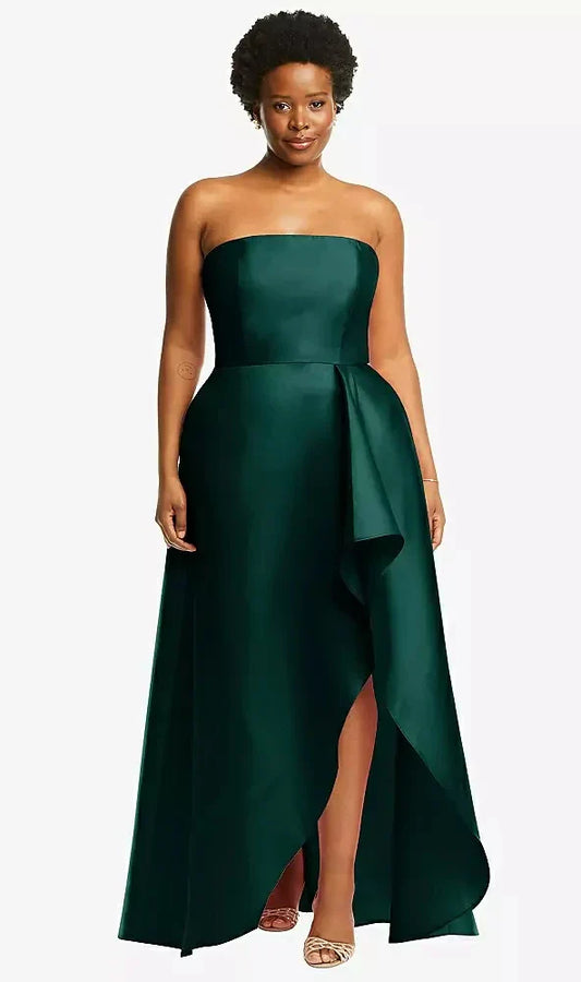 Strapless Satin Gown with Draped Front Slit and Pockets in Evergreen