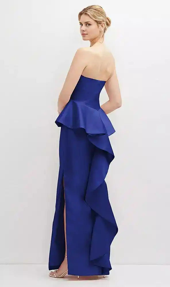 Strapless Satin Maxi Dress with Cascade Ruffle Peplum Detail in Cobalt Blue