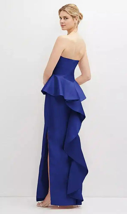 Strapless Satin Maxi Dress with Cascade Ruffle Peplum Detail in Cobalt Blue