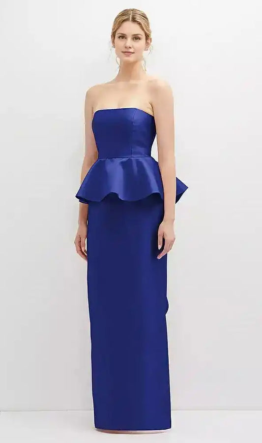 Strapless Satin Maxi Dress with Cascade Ruffle Peplum Detail in Cobalt Blue