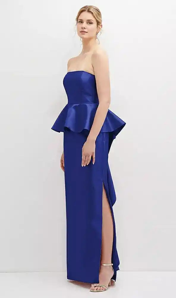 Strapless Satin Maxi Dress with Cascade Ruffle Peplum Detail in Cobalt Blue
