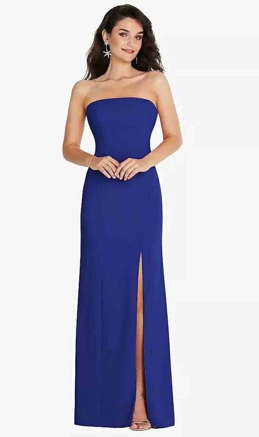 Strapless Scoop Back Maxi Dress with Front Slit in Cobalt Blue