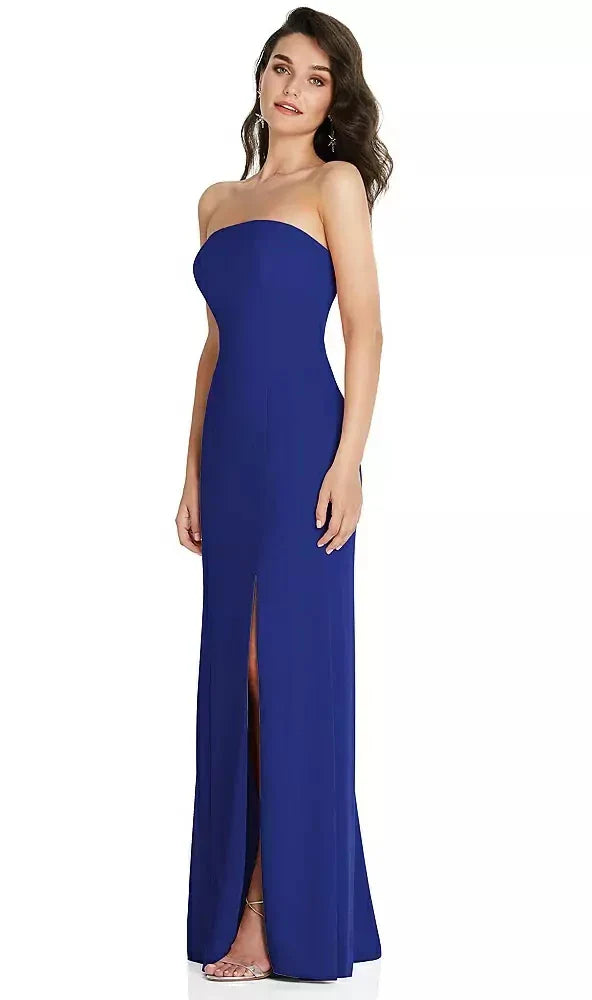 Strapless Scoop Back Maxi Dress with Front Slit in Cobalt Blue