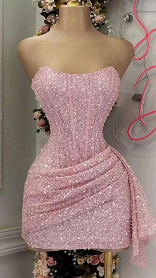 Strapless Shiny Pink Sequin Homecoming Dress Corset