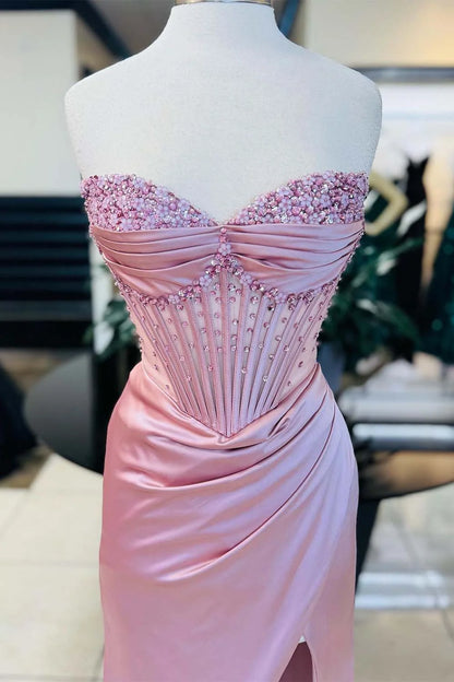 Strapless Side Slit Sheer Corset Bodice Prom Dress with Beads