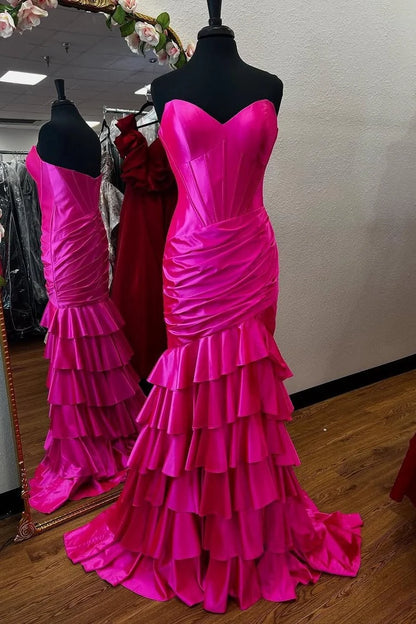 Strapless Tiered Stretch Satin Prom Dress Mermaid with Slit