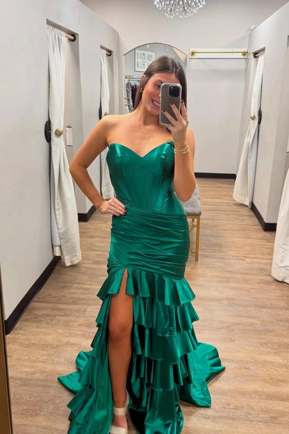 Strapless Tiered Stretch Satin Prom Dress Mermaid with Slit