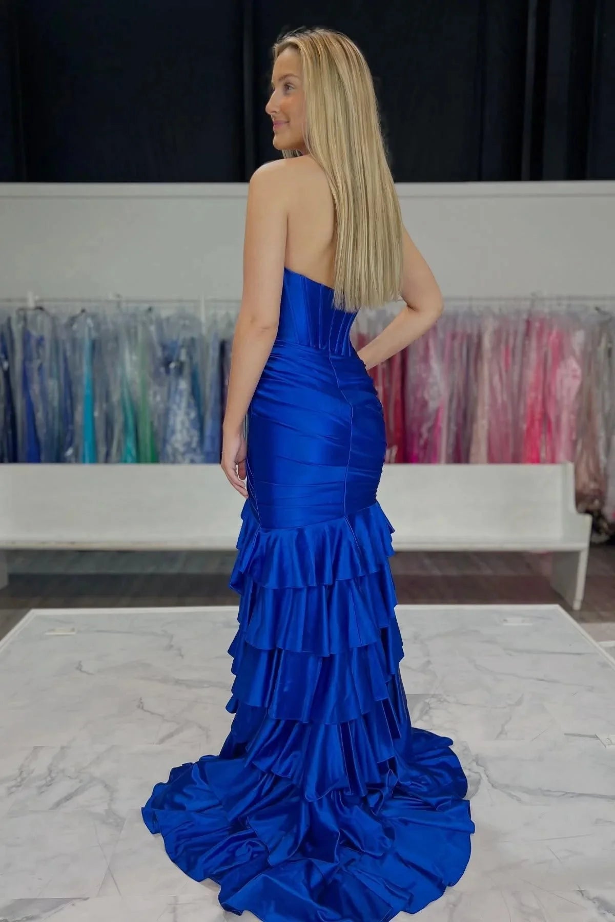Strapless Tiered Stretch Satin Prom Dress Mermaid with Slit