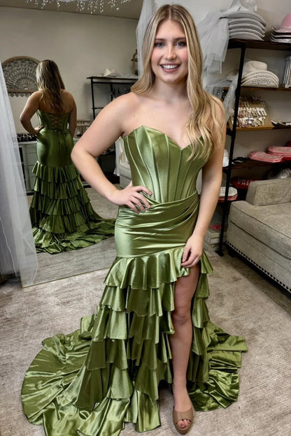 Strapless Tiered Stretch Satin Prom Dress Mermaid with Slit