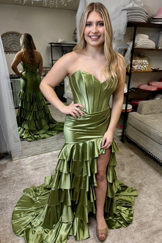Strapless Tiered Stretch Satin Prom Dress Mermaid with Slit