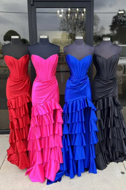 Strapless Tiered Stretch Satin Prom Dress Mermaid with Slit