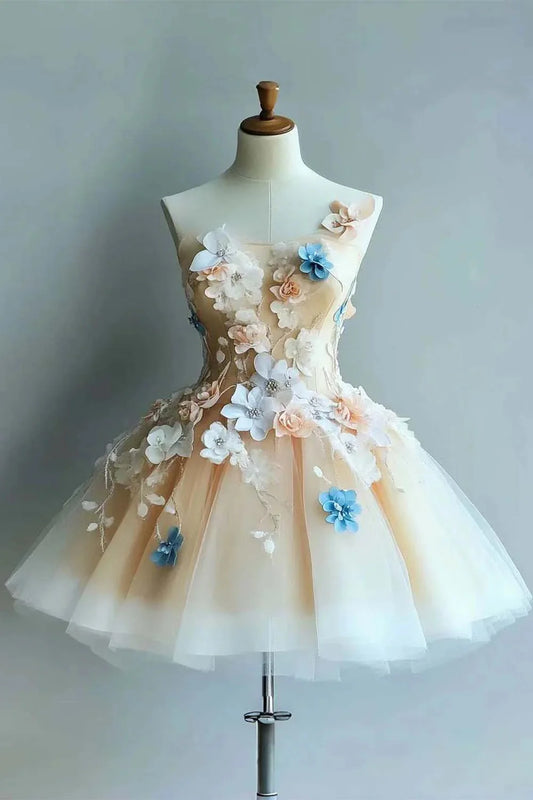 Strapless Tulle Flowers Homecoming Dress
