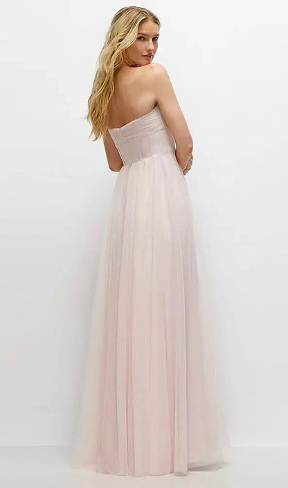 Strapless Twist Cup Tulle Corset Dress with Full Maxi Skirt in Ballet Pink
