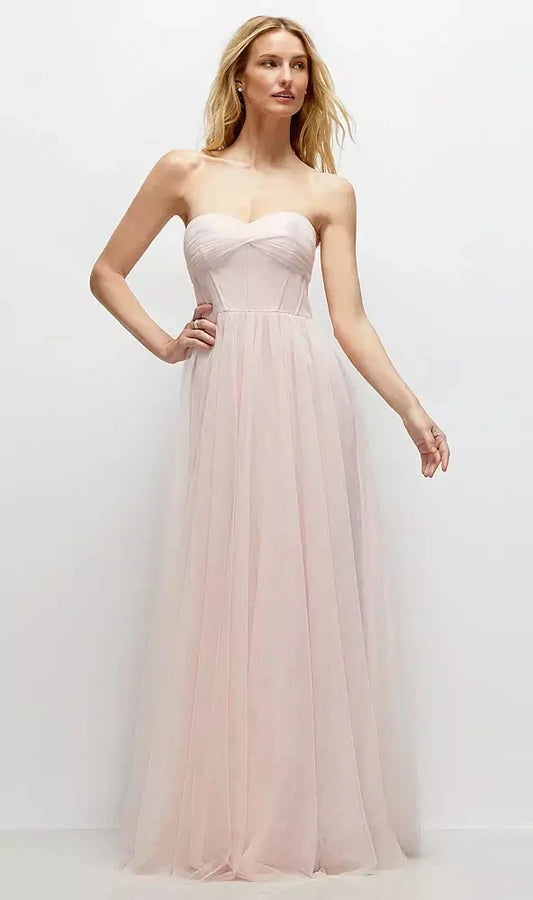 Strapless Twist Cup Tulle Corset Dress with Full Maxi Skirt in Ballet Pink