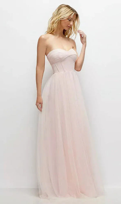 Strapless Twist Cup Tulle Corset Dress with Full Maxi Skirt in Ballet Pink
